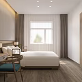 Hotel Public Lounge Area with White Walls Gray Curtains Sunlight TV Sofa and Coffee Table