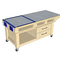 Industrial Equipment Workbench with Black Countertop Blue Borders White Cabinet Drawers and Wheels