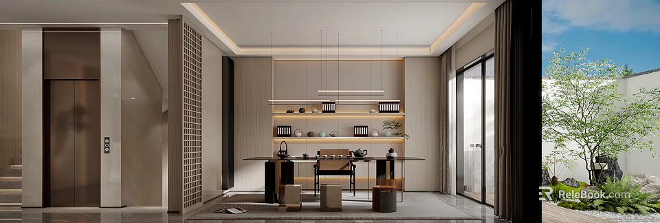 Modern Tea Room Interior With Hanging Lights Display Shelves Tea Sets And Wooden Tea Table 3d model 