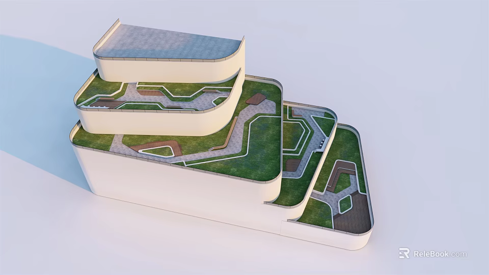 Multi Level Rooftop Garden Design With Green Lawn And Winding Paths 3d model