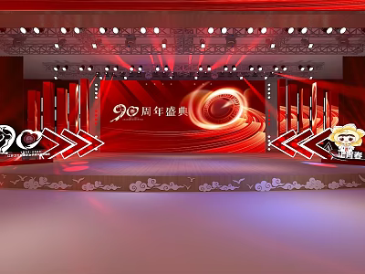 90th Anniversary Celebration Stage With Red Theme Lighting And Decorative Elements 3d model