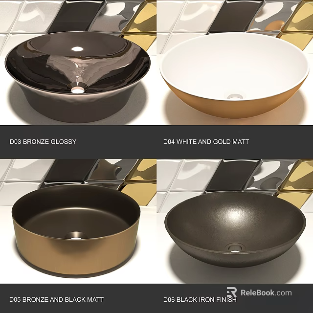 Stylish Glossy Bronze Matt White Gold And Black Washbasin Designs 3d model 