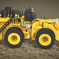 Large Yellow Loader with Black Cab Big Bucket and Heavy Duty Tires on Rough Ground