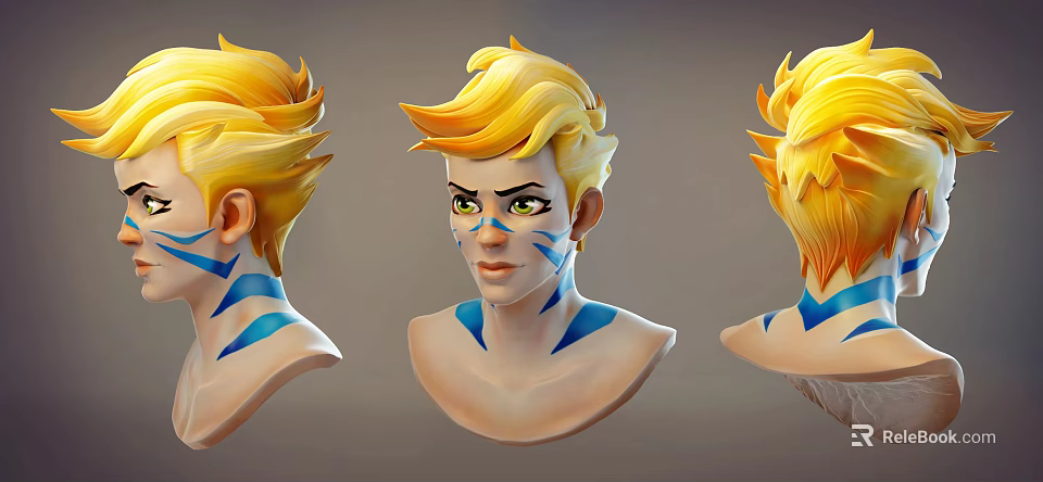 Fantasy Character Head Model With Blonde Spiky Hair And Blue Facial Markings And Three Angles View 3d model 