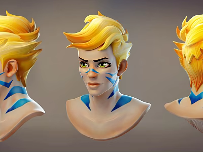 Fantasy Character Head Model With Blonde Spiky Hair And Blue Facial Markings And Three Angles View 3d model