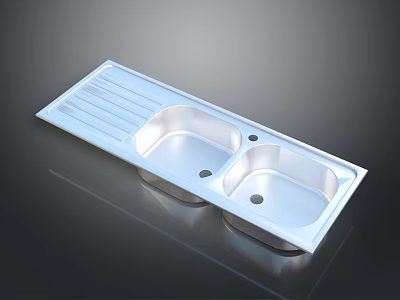 Stainless Steel Double Bowl Kitchen Sink with Drainboard and Faucet Holes 3d model