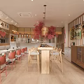 Cozy Japanese Style Restaurant Interior With Red Cherry Blossom Tree And Wooden Decor