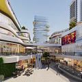 Vibrant Commercial Street With Modern Multi Level Architecture Greenery Shops And Pedestrians