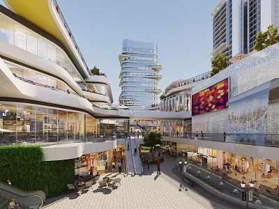 Vibrant Commercial Street With Modern Multi Level Architecture Greenery Shops And Pedestrians 3d model