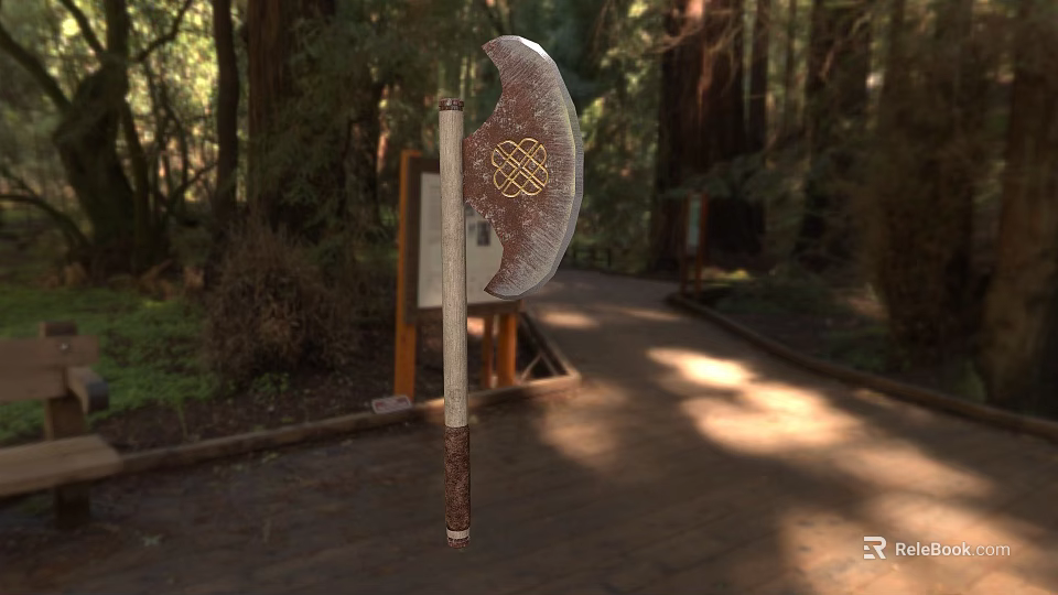 Traditional Handcrafted Axe Featuring Decorative Metal Head and Wooden Handle in Forest Wooden Pathway 3d model 