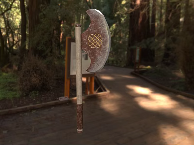 Traditional Handcrafted Axe Featuring Decorative Metal Head and Wooden Handle in Forest Wooden Pathway 3d model