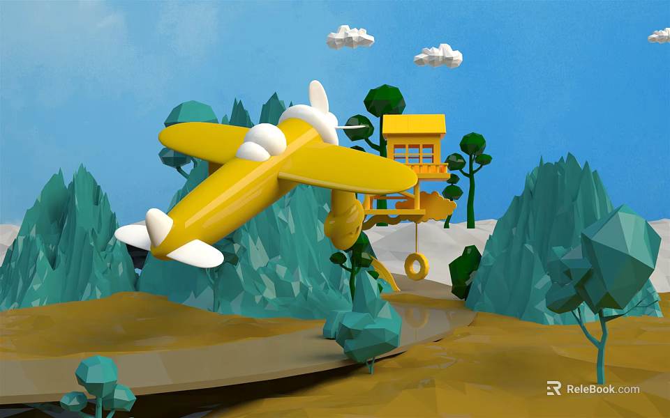 Cartoon Scene Featuring Yellow Airplane Tree House Green Trees And Blue Sky With White Clouds 3d model 