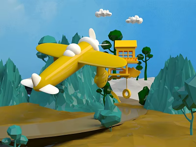 Cartoon Scene Featuring Yellow Airplane Tree House Green Trees And Blue Sky With White Clouds 3d model