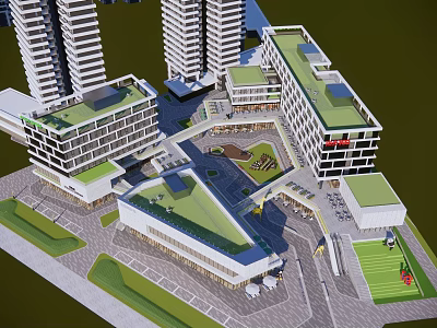 Modern Commercial Complex With High Rise Buildings Green Roofs Central Plaza And Pedestrian Areas 3d model
