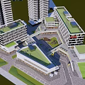 Modern Commercial Complex With High Rise Buildings Green Roofs Central Plaza And Pedestrian Areas