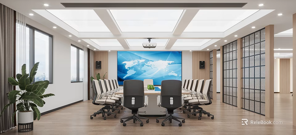 Modern Conference Room Featuring Large World Map Screen Wooden Walls Conference Table And Office Chairs 3d model 