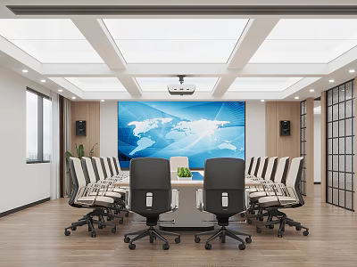 Modern Conference Room Featuring Large World Map Screen Wooden Walls Conference Table And Office Chairs 3d model
