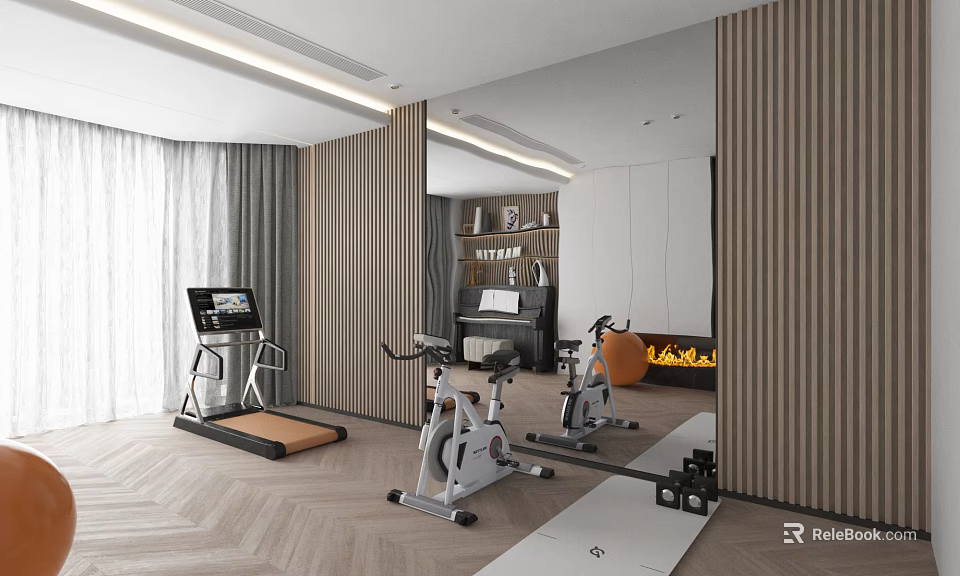 Modern Home Gym With Treadmill Spin Bikes And Fitness Equipment 3d model 