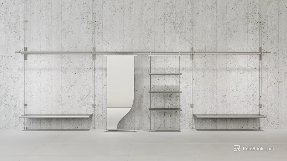 Modern Metal Shelves With Curved Panel And Multi Layer Design On Gray Concrete Wall 3d model 