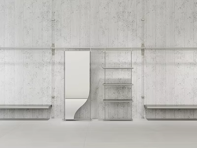 Modern Metal Shelves With Curved Panel And Multi Layer Design On Gray Concrete Wall 3d model