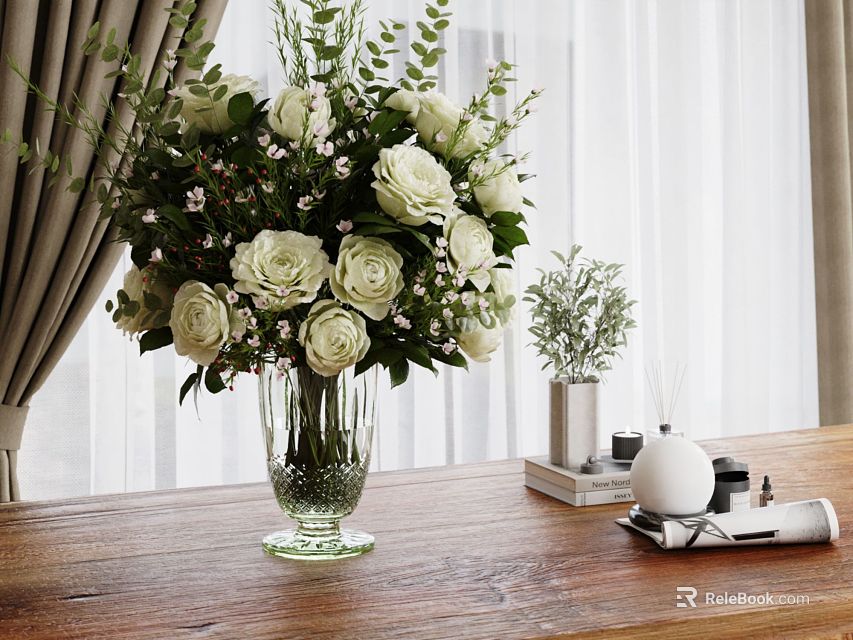 Inflatable Vase With White Roses And Green Plants On Wooden Table Top 3d model 