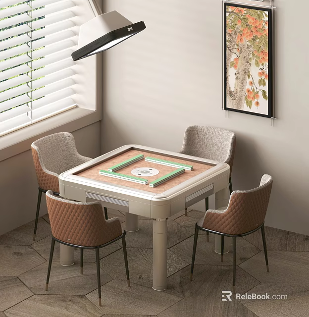 Modern Mahjong Table And Upholstered Chairs Set With Window Blinds And Wall Painting 3d model 