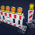Road Construction Safety Barriers With Red White Stripes And Yellow Warning Lights
