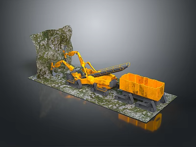 Yellow Construction Excavator And Dump Truck Working On Rocky Grassy Terrain 3d model
