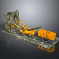 Yellow Construction Excavator And Dump Truck Working On Rocky Grassy Terrain