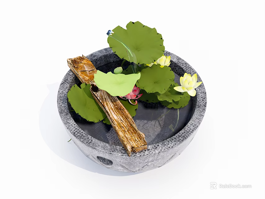 Natural Stone Circular Fish Tank With Lotus Leaves Flowers And Wooden Log In Clear Water 3d model 