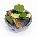 Natural Stone Circular Fish Tank With Lotus Leaves Flowers And Wooden Log In Clear Water