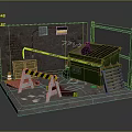 Brick Wall Area With Green Trash Bin Caution Tape Barricade Traffic Cone And Ground Debris
