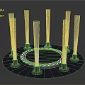 Modern Circular Decorative Device With Blue Glowing Pillars And White Patterned Ring