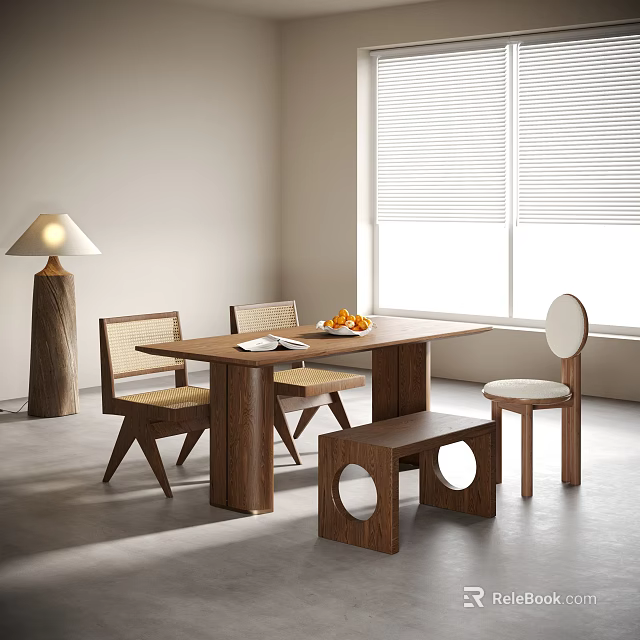 Modern Wooden Dining Table Set With Rattan Back Chairs And Bench 3d model