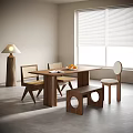 Modern Wooden Dining Table Set With Rattan Back Chairs And Bench 3d model