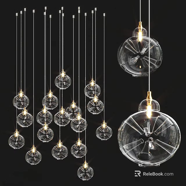 Modern Illuminated Hanging Chandeliers With Transparent Glass Shades And Gold Accents 3d model 