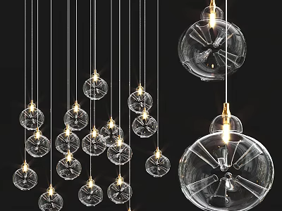 Modern Illuminated Hanging Chandeliers With Transparent Glass Shades And Gold Accents 3d model