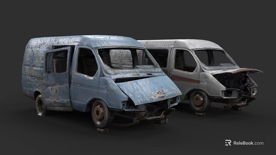 Two Old Damaged Vans With Rusty Bodies And Broken Front Ends 3d model