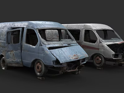 Two Old Damaged Vans With Rusty Bodies And Broken Front Ends 3d model