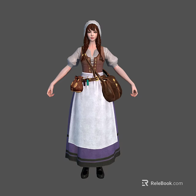 Medieval Village Girl 3D Model In Traditional Dress With White Apron And Brown Pouches 3d model 
