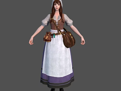 Medieval Village Girl 3D Model In Traditional Dress With White Apron And Brown Pouches 3d model