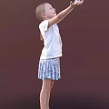 Little Girl Wearing White T-shirt with Pineapple Print and Blue White Patterned Skirt Raising Arms