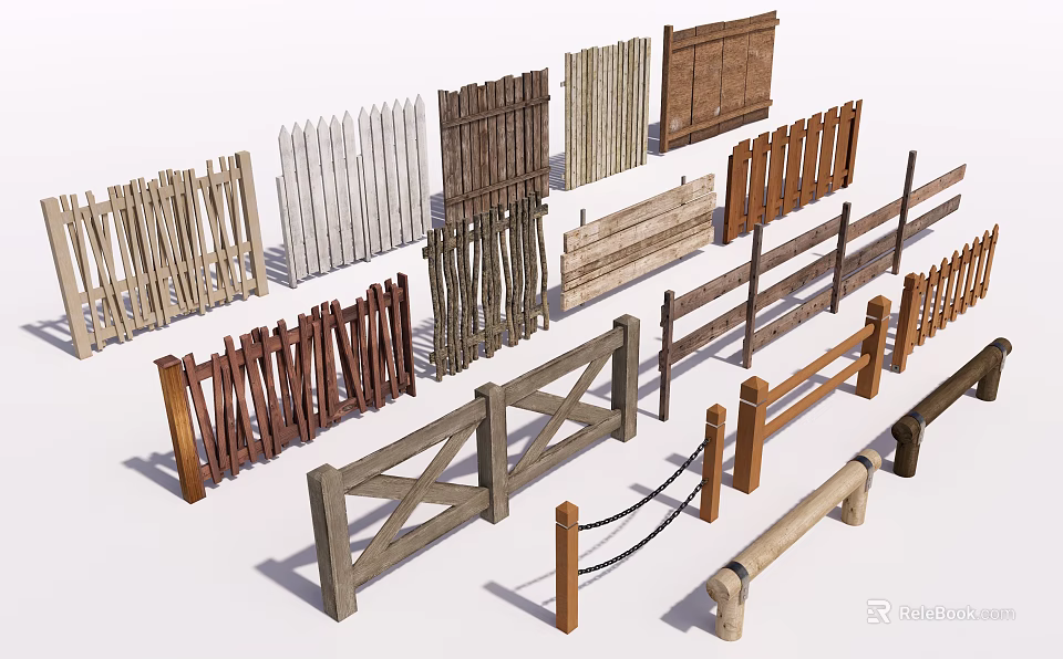 Various Wooden Fences With Picket Rail And Gate Designs For Outdoor Gardens 3d model 