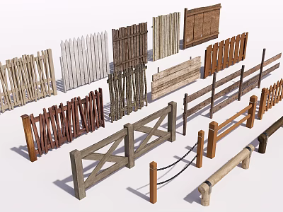 Various Wooden Fences With Picket Rail And Gate Designs For Outdoor Gardens 3d model