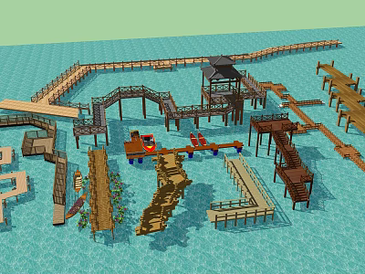 Scenic Recreational Overwater Road Facilities With Wooden Walkways Bridges Pavilions And Platforms 3d model