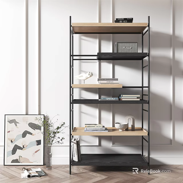 Modern Bookshelf With Black Metal Frame Wooden Shelves Books Decorative Items And Artwork 3d model 