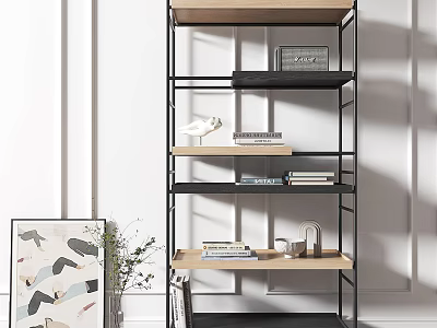 Modern Bookshelf With Black Metal Frame Wooden Shelves Books Decorative Items And Artwork 3d model