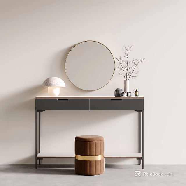 Minimalist Dressing Table Interior with Round Mirror Table Lamp Vase Branches and Stool 3d model