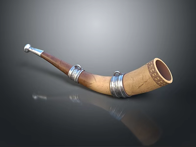 Elegant Traditional Decorative Horn With Wooden Body Carved Patterns And Silver Metal Trim 3d model