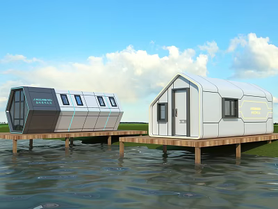 Modern Waterfront Guesthouse Buildings with Wooden Platforms Over Calm Water and Scenic Blue Sky View 3d model